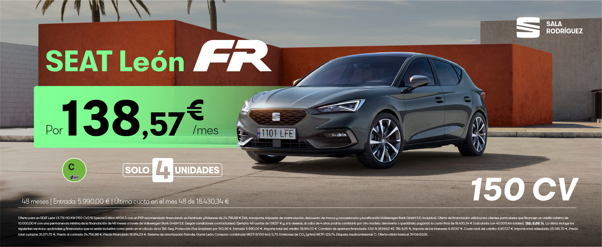 ¡Solo 5 unidades! Nuevo SEAT León FR por 138,57 €/mes
